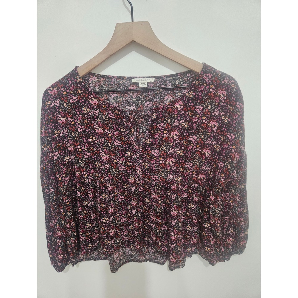 American Eagle Floral Babydoll Blouse Womens Medium Black Pink Long‎ Sleeve Top